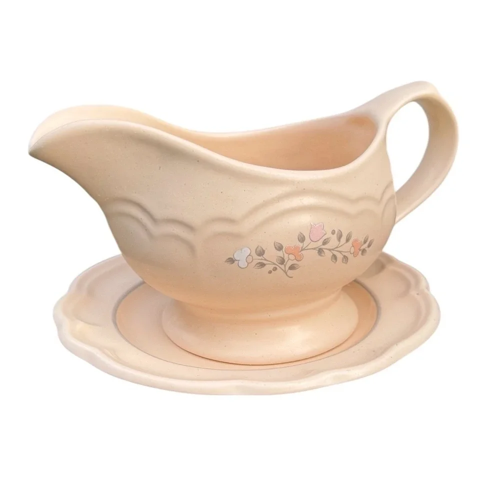 Pfaltzgraff Remembrance Gravy Boat Underplate Saucer Set Tan Floral Stoneware